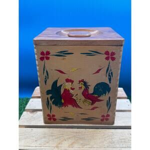 Vintage Hand Painted Wooden Rooster Canister Box Lid - Country Kitchen - Japan